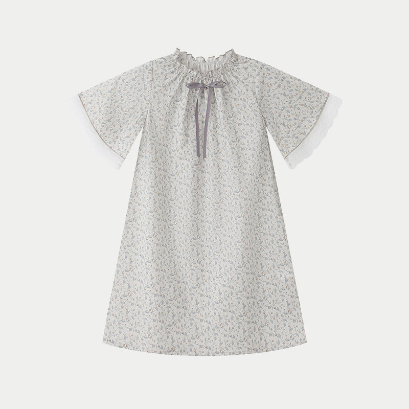 Rose-Embroidered Lace Cotton Pajama Dress(with Scrunchie)