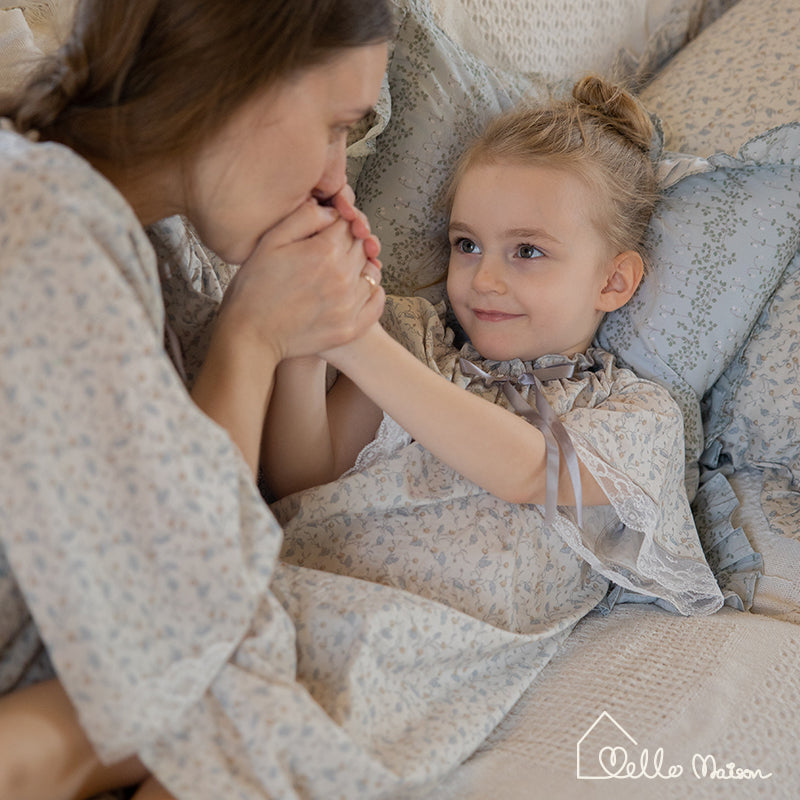 Rose-Embroidered Lace Cotton Pajama Dress(with Scrunchie)