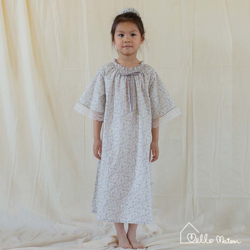 Rose-Embroidered Lace Cotton Pajama Dress(with Scrunchie)