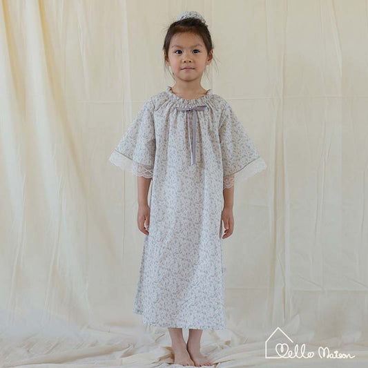 Rose-Embroidered Lace Cotton Pajama Dress(with Scrunchie)